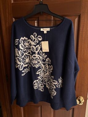 NWT Nurture by Westbound Navy/Cream Floral Sweater, Sz 1X